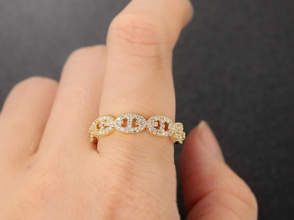 Hip Hop Link Ring for Women Gold Color Micro-inlaid