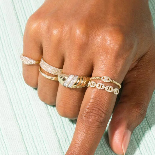 Hip Hop Link Ring for Women Gold Color Micro-inlaid